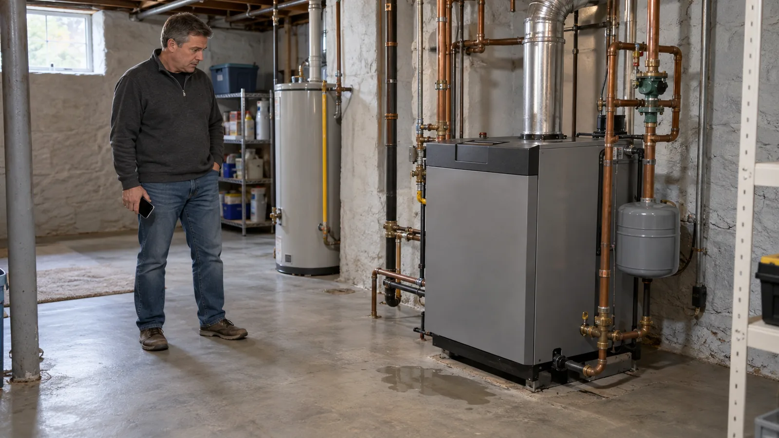 Homeowner observing a small puddle beside a closed hydronic boiler from a safe distance in a basement utility room.