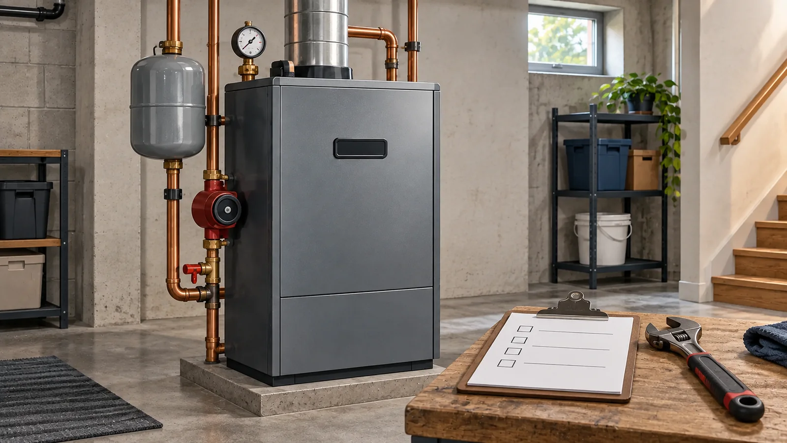 Photorealistic illustration of a residential boiler beside a checklist and wrench.