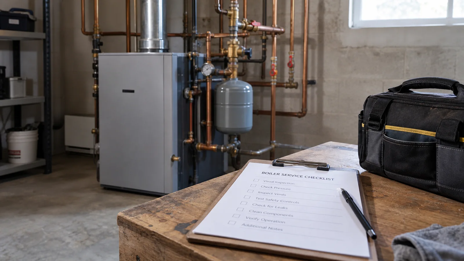 Photorealistic illustration of a boiler with a service checklist and closed tool bag.