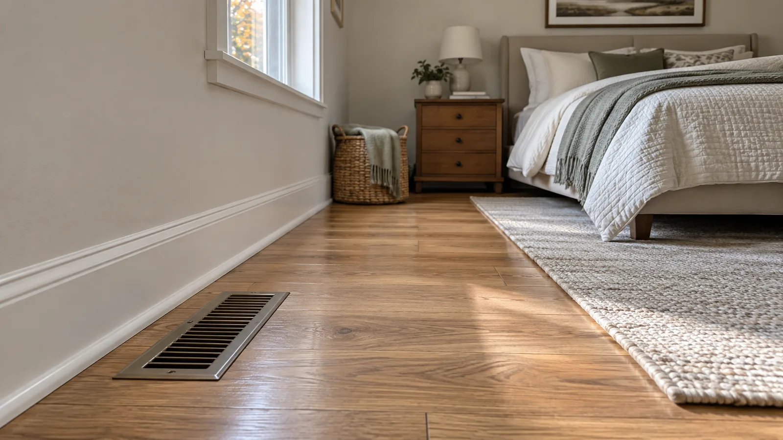 Open metal floor register beside a white baseboard in an uncluttered guest bedroom.