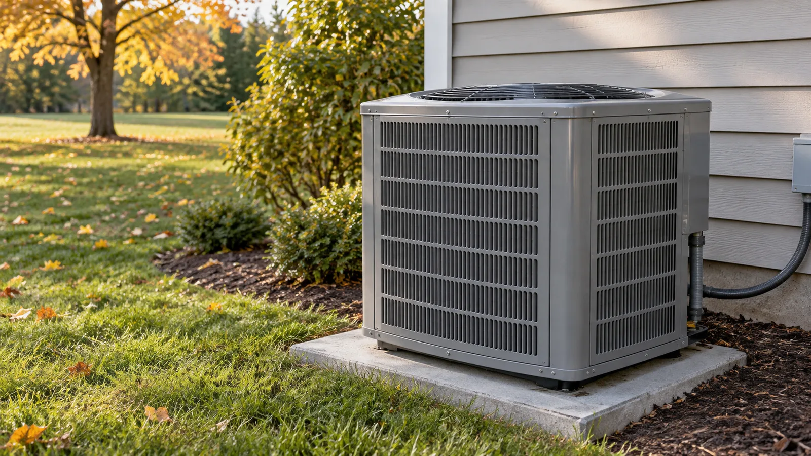Uncovered outdoor air conditioner on a concrete pad beside house siding with autumn leaves on the surrounding lawn.