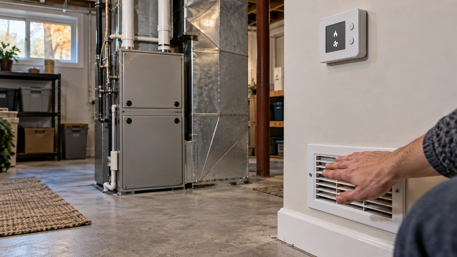 Homeowner checking cool airflow from a supply register while a closed furnace runs in a basement utility room.