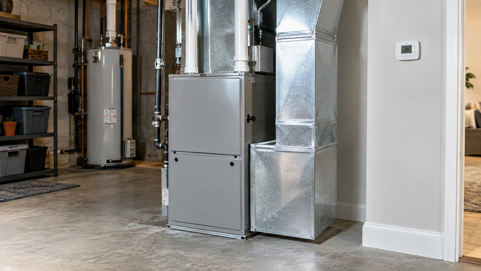 Photorealistic illustration of a closed furnace and a wall thermostat in a utility room.