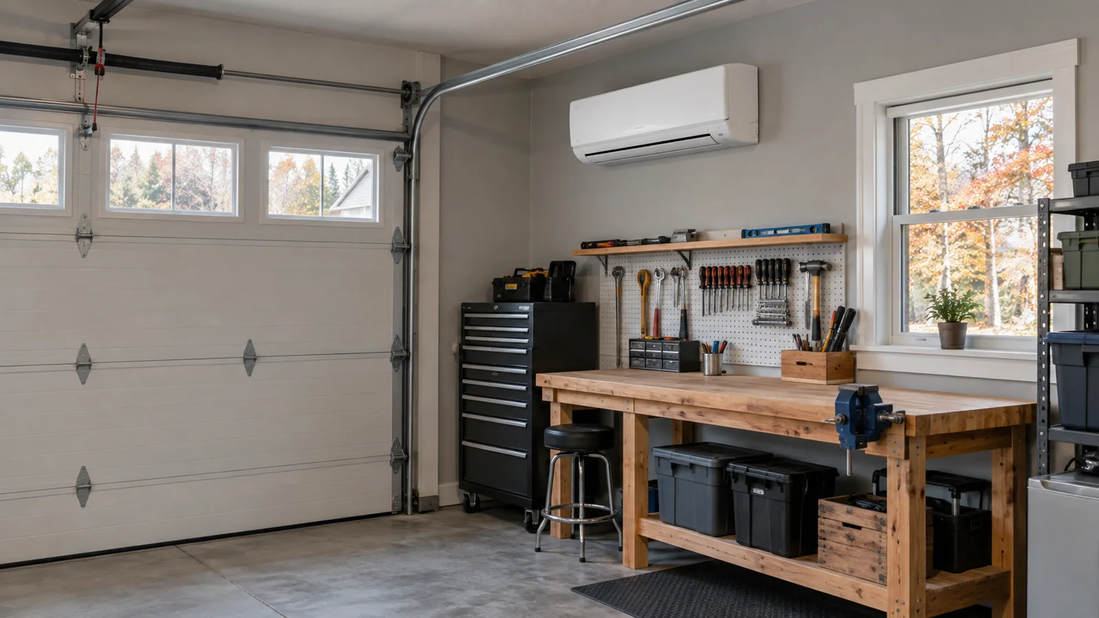 Photorealistic illustration of a ductless mini-split in an insulated garage workshop.