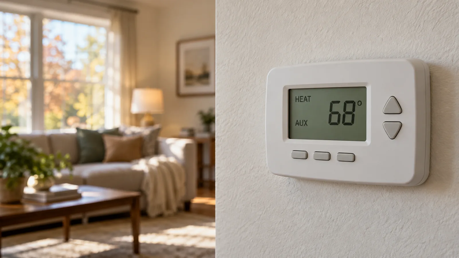 Unbranded wall thermostat displaying HEAT and AUX in a home interior.