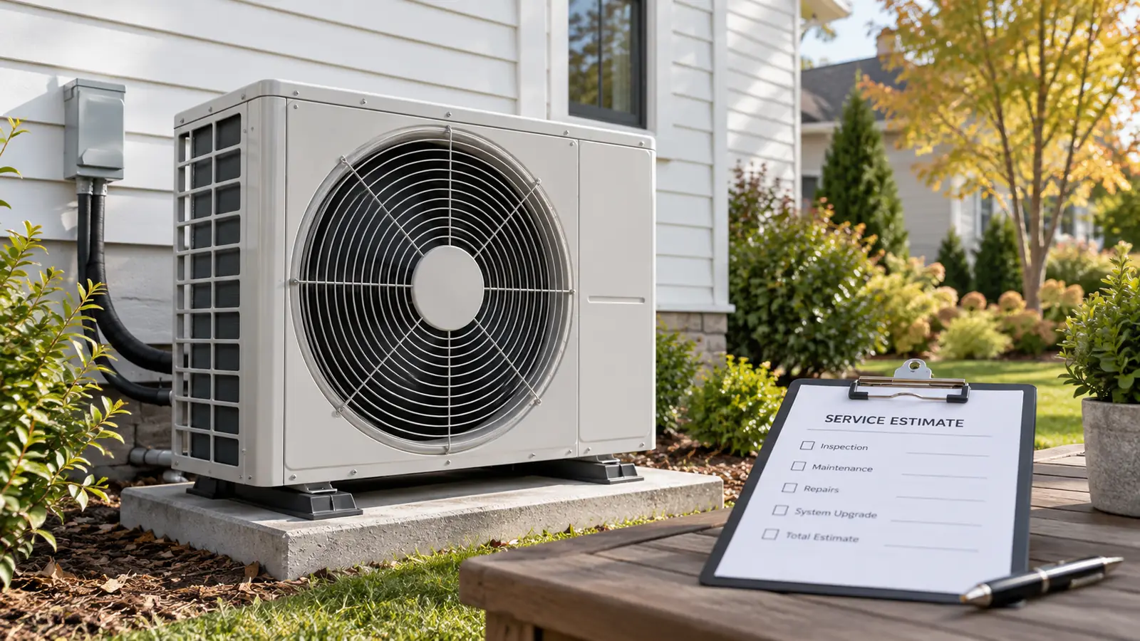 Photorealistic illustration of an outdoor heat pump and a checklist in front of a house.