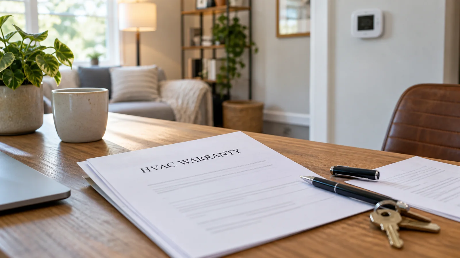 Photorealistic illustration of an HVAC warranty folder and pen on a wooden desk.
