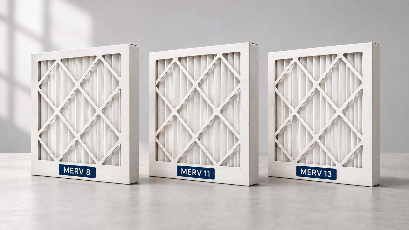 Photorealistic illustration of three pleated HVAC filters labeled MERV 8, MERV 11, and MERV 13.