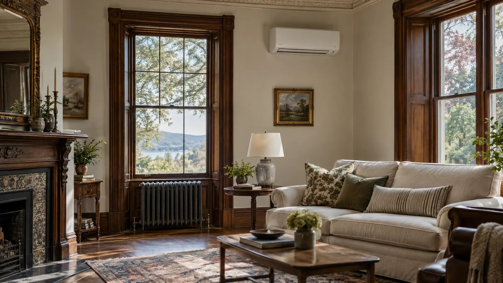 Photorealistic illustration of a Victorian living room with a radiator and ductless mini-split.