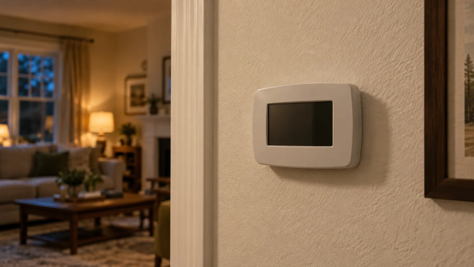 White wall-mounted thermostat with a dark display beside a softly lit residential hallway.