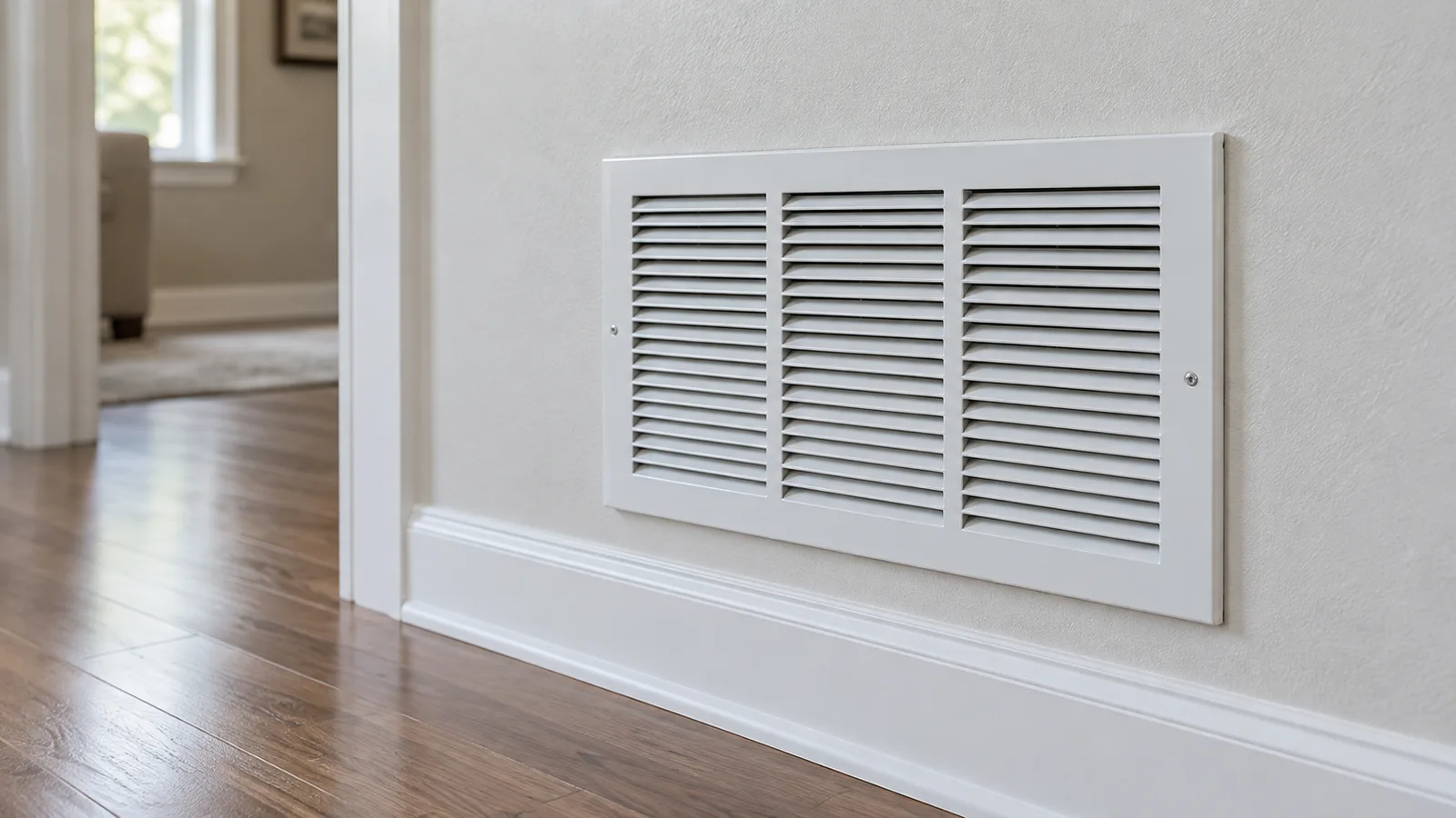 Closed white return-air grille on a residential hallway wall.