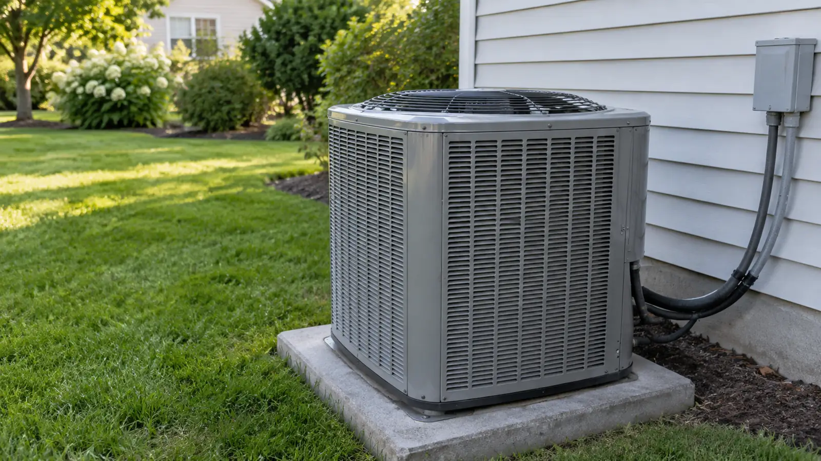 Photorealistic illustration of an outdoor central air-conditioning condenser beside a house.