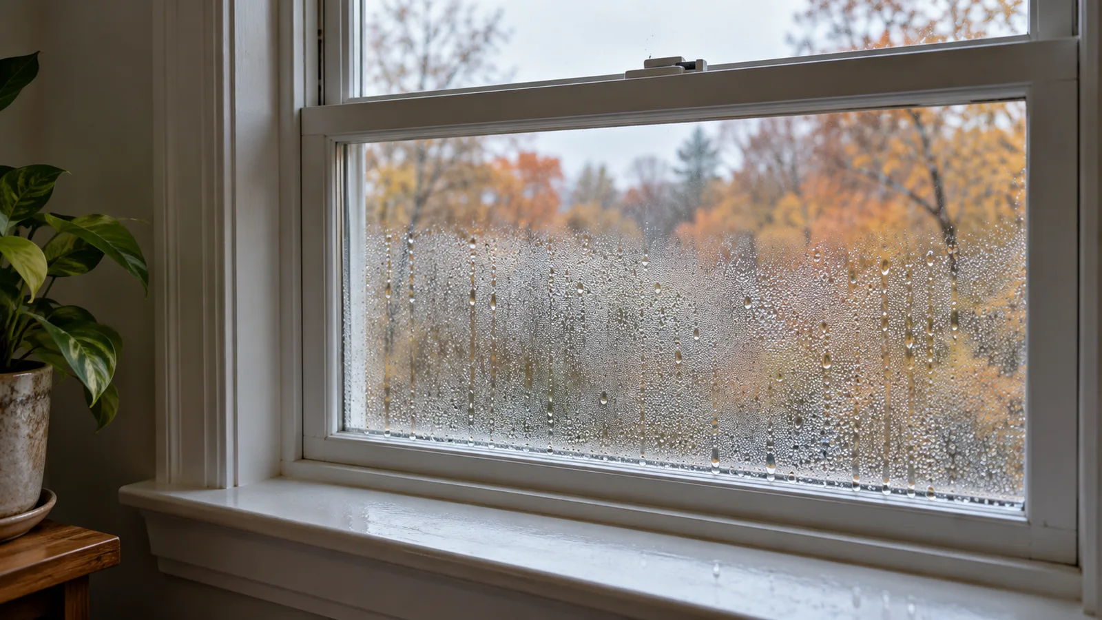 Condensation droplets on the lower glass of a residential window above a white sill.